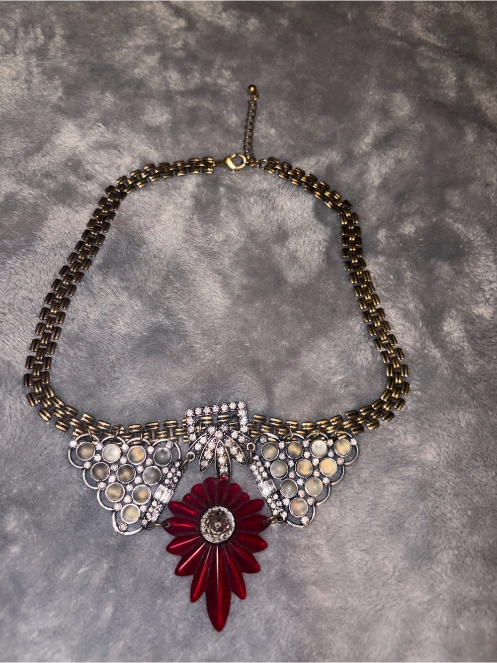 Olivia Welles Gold Tone Rhinestone Statement Necklace Red Flower Bib